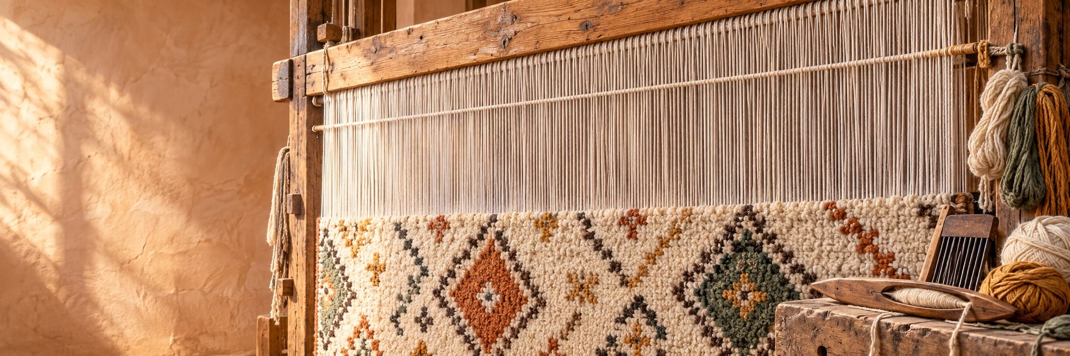 A Moroccan zarbiya rug in progress on a wooden loom, with skeins of wool beside it in warm afternoon light