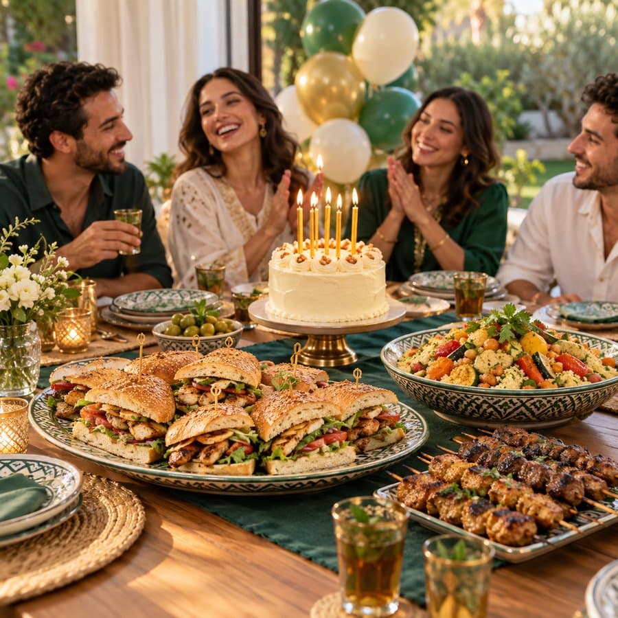 Friends celebrating a birthday around a Moroccan spread: sandwiches, brochettes, a salad, mint tea, and a candlelit cake