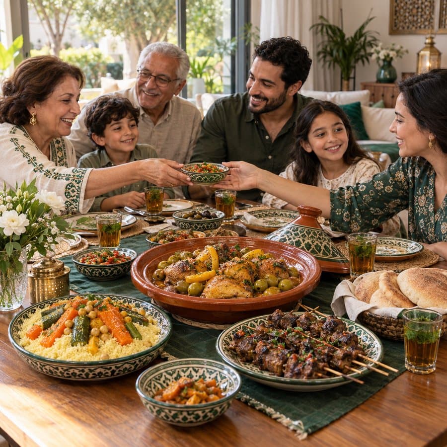 Friends and family gathered around a table of Moroccan food