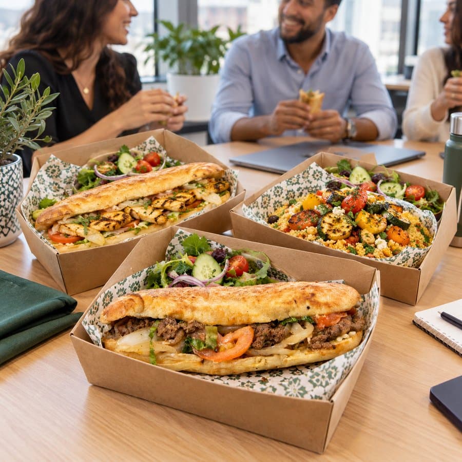 Coworkers sharing boxed kefta sandwiches and a grilled-vegetable couscous salad at an office table