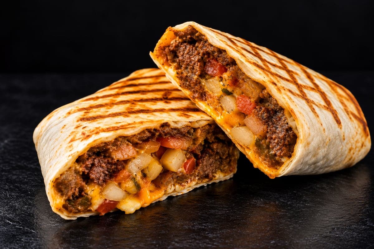 French tacos cut in half: a grill-marked tortilla packed with seasoned beef, fries, peppers and melted cheese, on a matte black background