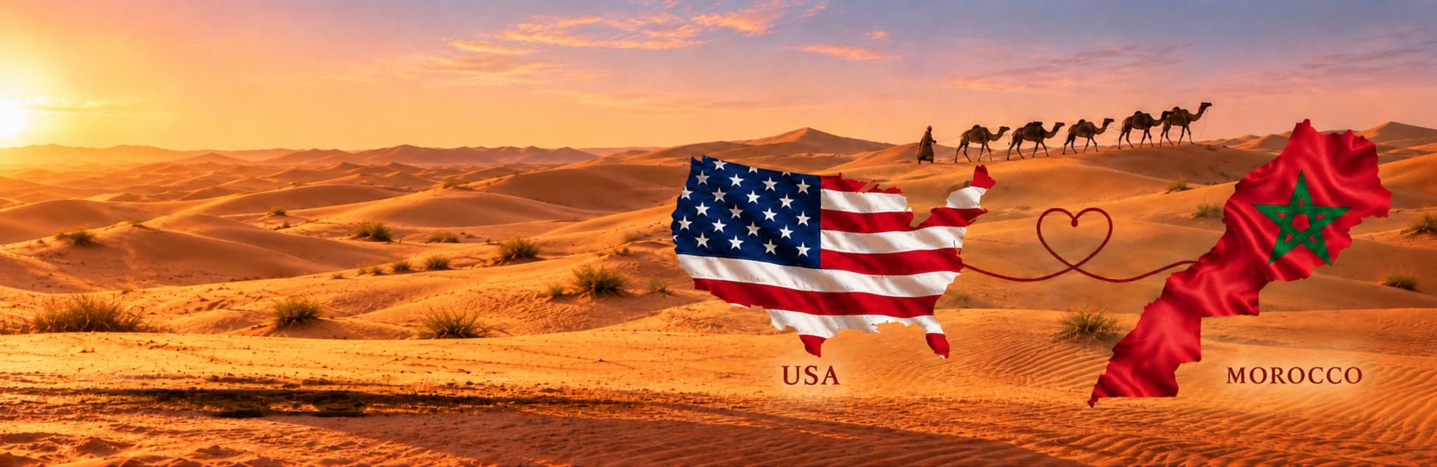 The red Moroccan Flame food truck in the Sahara at sunset, beside the USA and Morocco drawn in their flags and joined by a heart, with a camel caravan on the dunes