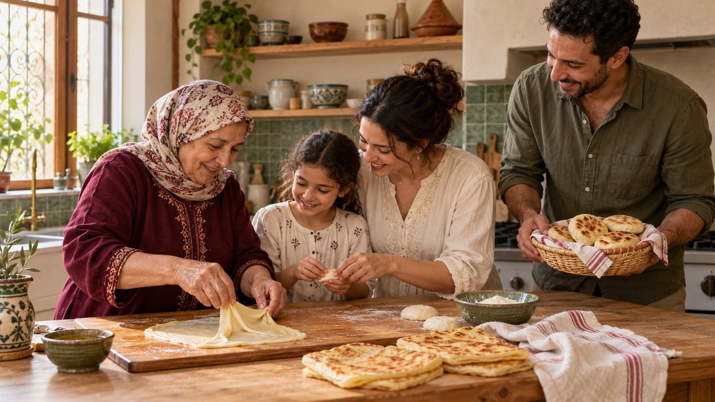 Three generations in a sunlit Moroccan kitchen: a grandmother stretching msemen dough while a girl and her mother shape dough beside her and a father carries a basket of batbout