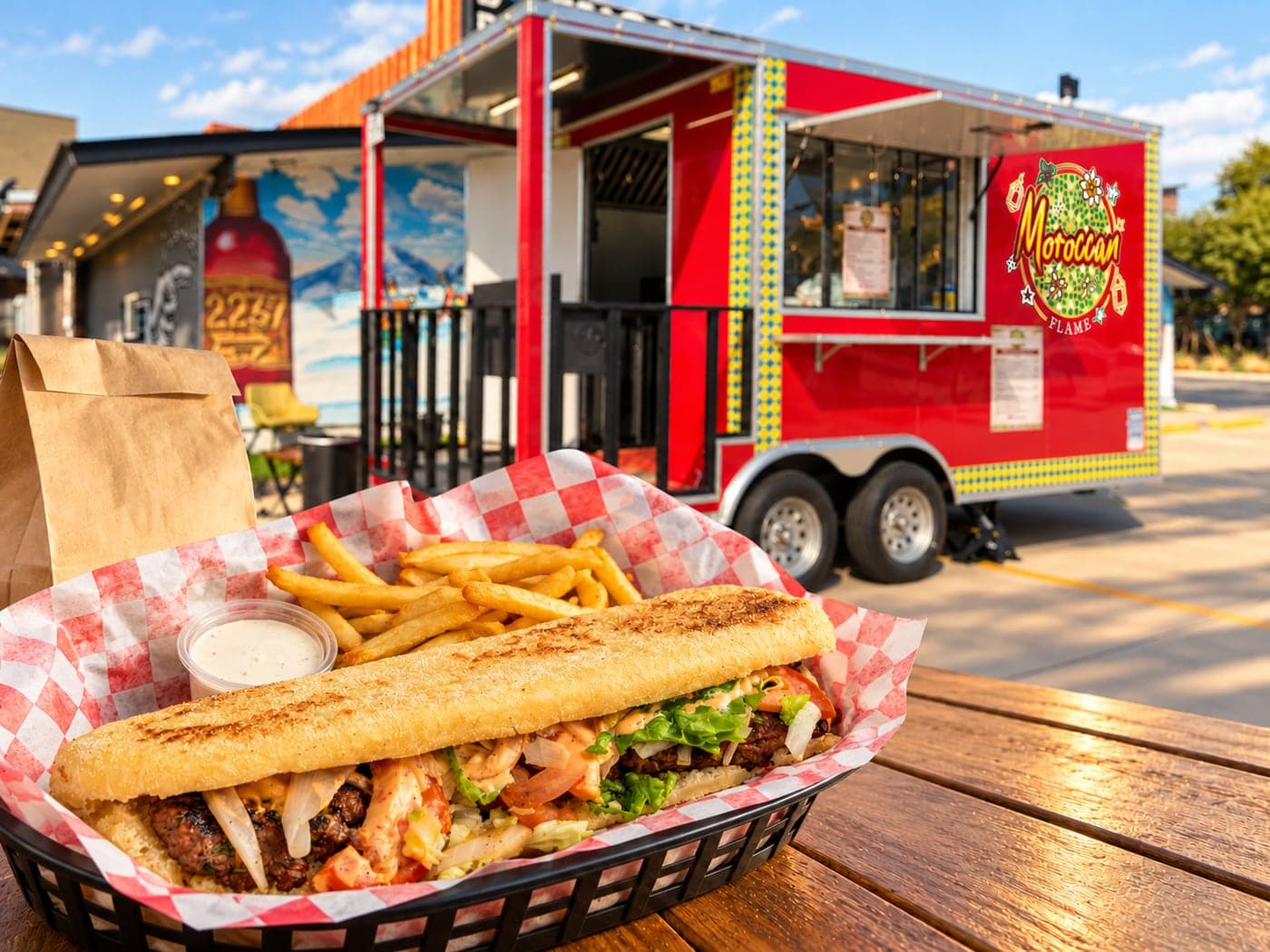 A long beef kefta sandwich with fries and a dipping sauce in a checkered paper basket, in front of the red Moroccan Flame food truck on Greenville Ave