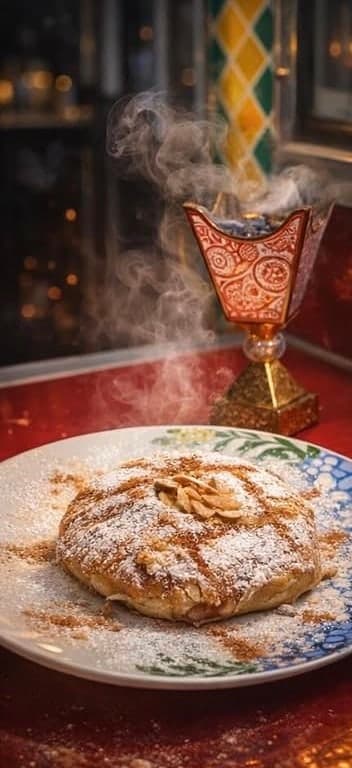 A Moroccan chicken bastilla dusted with powdered sugar and cinnamon and topped with almonds, on a blue-and-white plate at the truck window beside a steaming incense burner