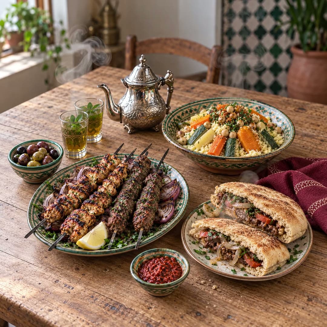 A Moroccan spread: grilled kefta and chicken brochettes, couscous with vegetables, kefta sandwiches in batbout, olives, harissa, and mint tea