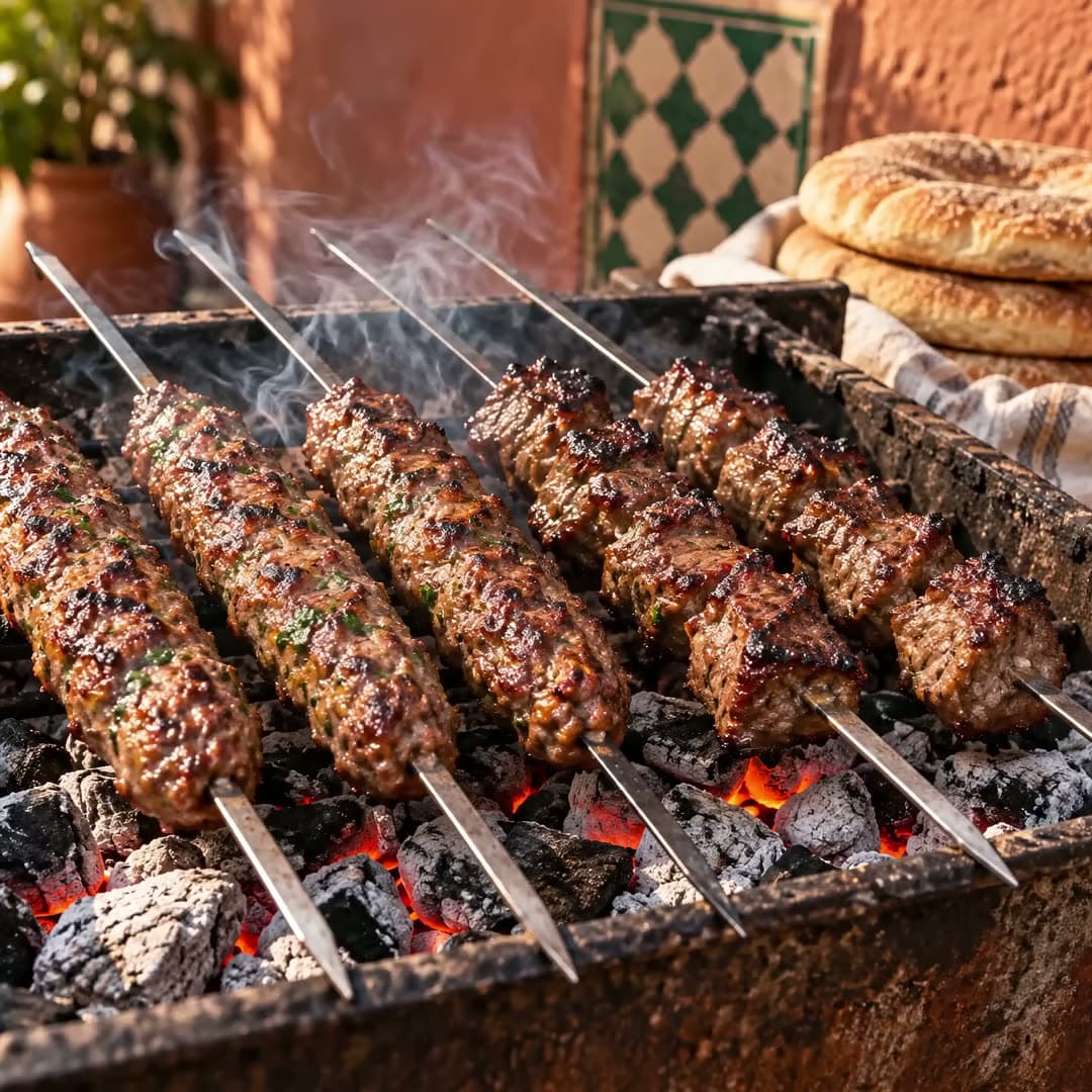 Kefta skewers grilling over glowing charcoal